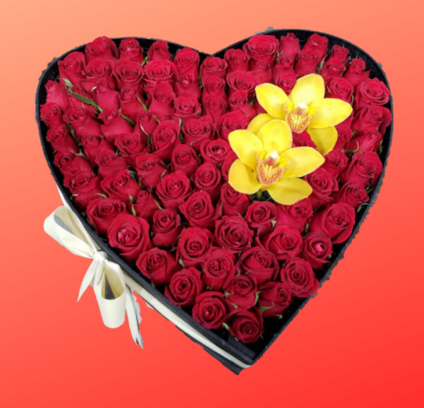 CORAZON CON 100 ROSAS Y 2 ORQUIDEAS